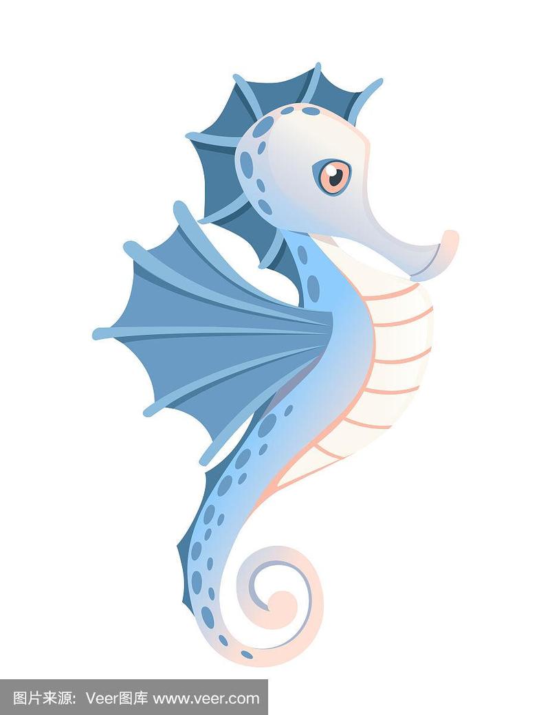 可爱可爱的蓝色海马卡通海洋动物设计平面矢量插图孤立在白色的背景