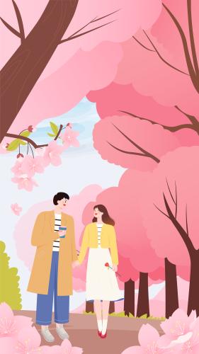情侣在公园里享受浪漫的樱花矢量插画竖图