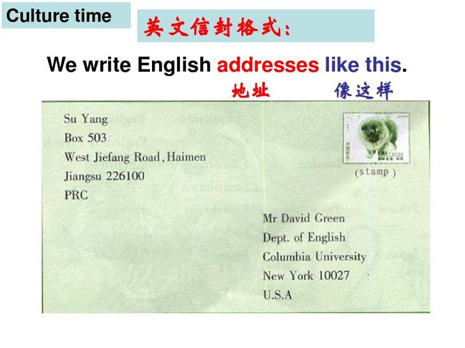 culture time 英文信封格式: we write english addresses like this.