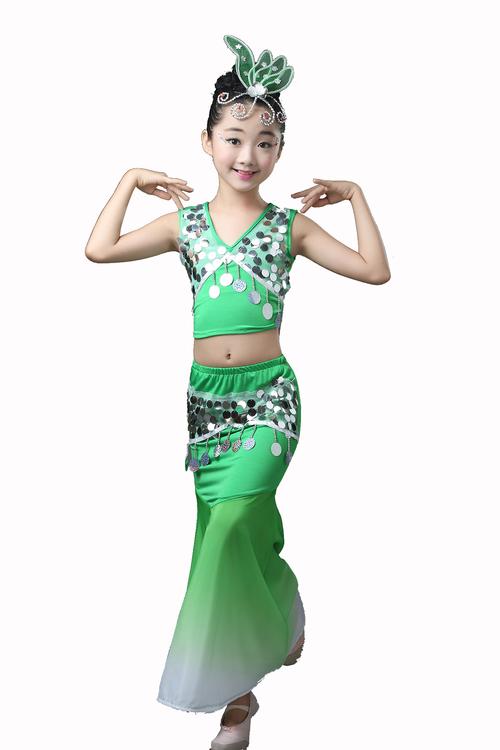 儿童傣族舞蹈服孔雀舞演出服装女童少儿傣族鱼尾裙傣族舞亮片长裙