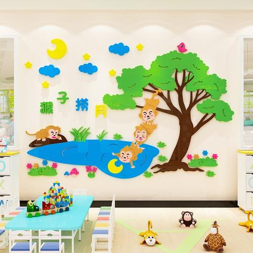 猴子捞月卡通贴画幼儿园环创材料主题墙装饰寓言故事教室墙面布置