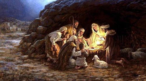 于是马利亚就在马槽上生下耶稣.