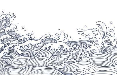 金鱼和海浪的国潮手绘插画