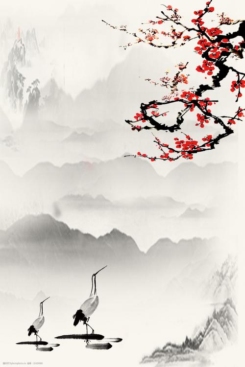 海报背景模板 中国风 古典 墨迹 水墨 竹子 水墨梅花 手绘 鸟 水墨画