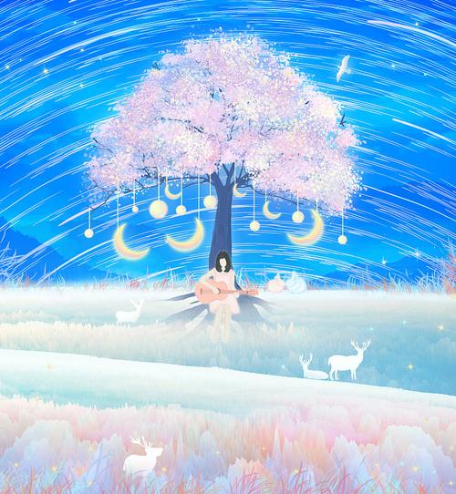 夜晚星空下一棵樱花树挂着月亮装饰品,少女在树下弹吉他插画背景图片