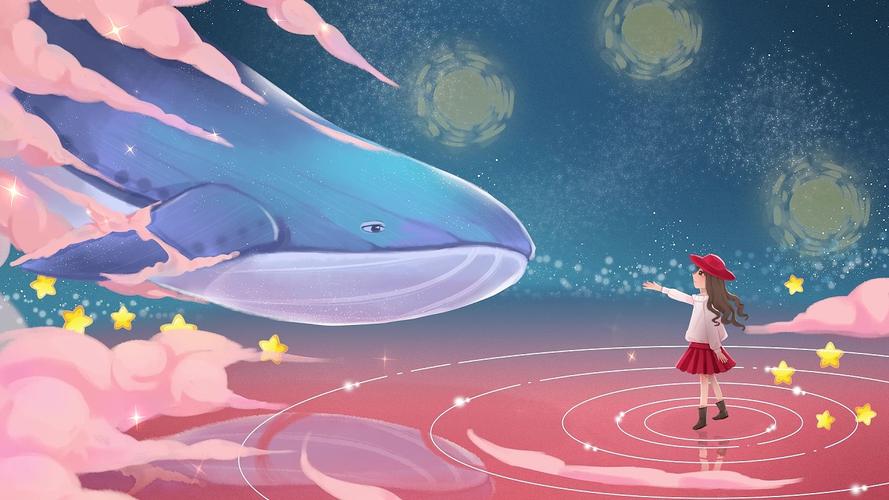 鲸鱼视频素材粉蓝色唯美浪漫星空小女孩鲸鱼背景mp4视频pr模板卡通