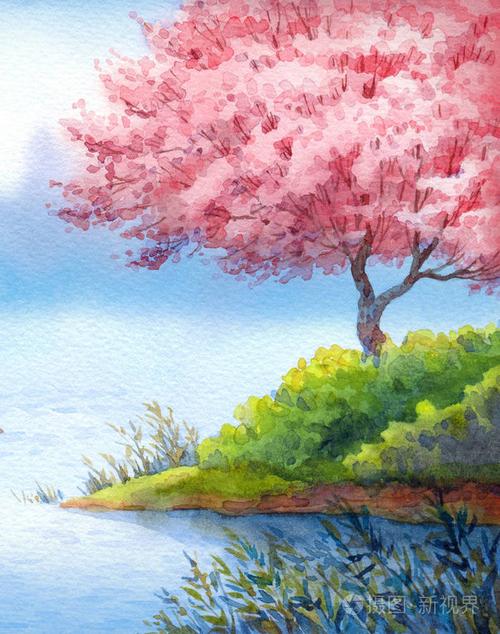 春天的水彩风景.开花的树湖