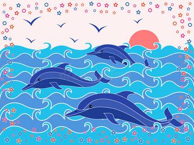 三只宽吻海豚跃出大海三只海豚三只海豚在水里快乐三只海豚三只跳舞的