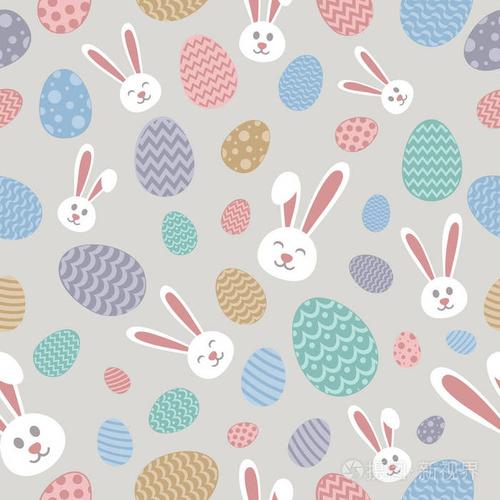 五颜六色的复活节包装纸与可爱的兔子和鸡蛋.矢量