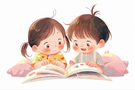小女孩小男孩在看书卡通ai插画读书阅读儿童教育