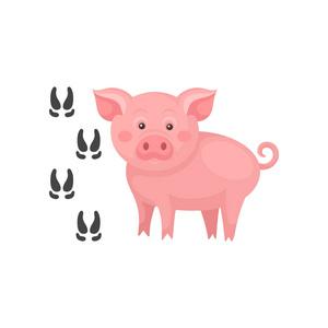 粉红猪和他的脚印农场动物.家养生物.儿童教育闪存卡的平面矢量元照片