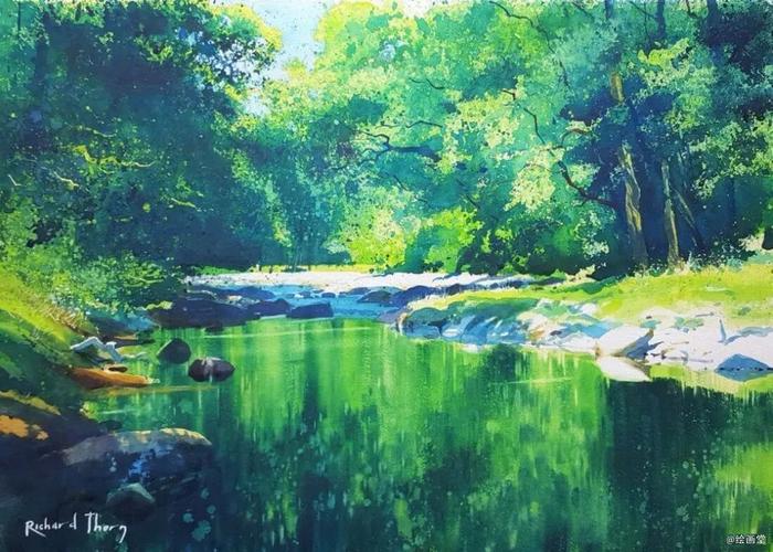 richard·thorn,英国画家,水彩画风景,写实水彩画,水彩画森林,如钻石
