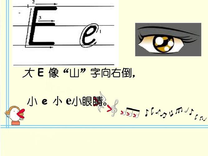 26个字母的记忆方法和手写体 大 e 像"山"字向右倒, 小 e 小 e小眼睛.