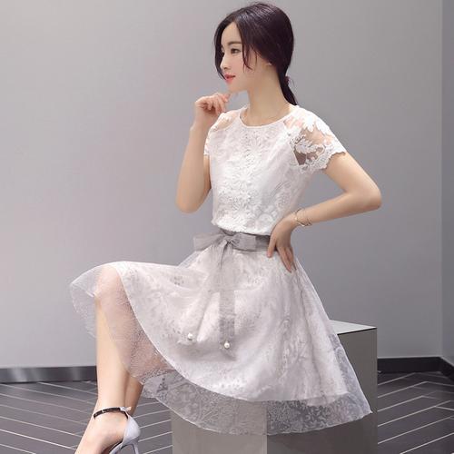 显瘦夏装新品韩版时尚显瘦时髦网纱套装裙百褶蕾丝连衣裙