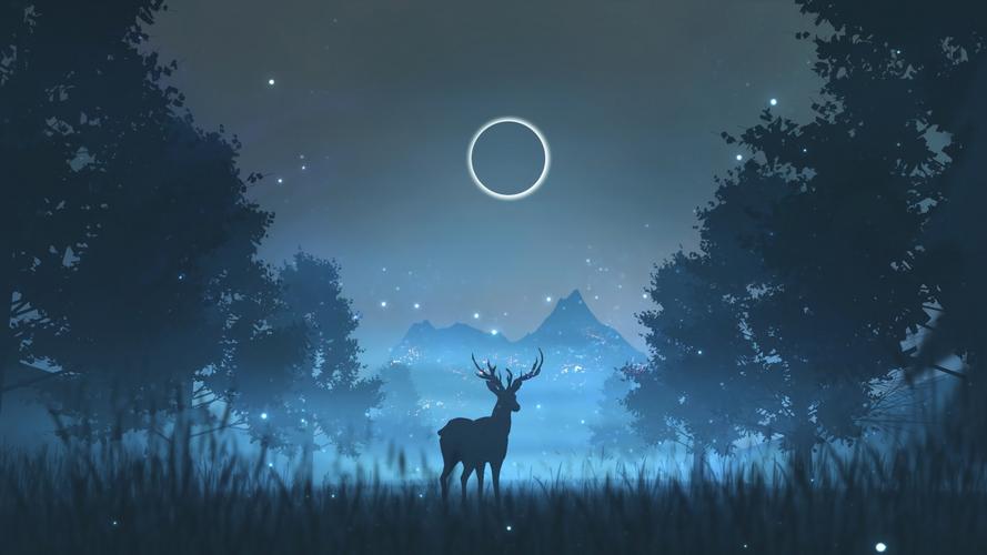森林 夜晚 鹿 月亮 唯美意境4k壁纸3840x2160_4k背景图片高清壁纸