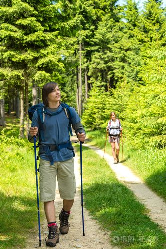 青少年远足者在松树林徒步旅行