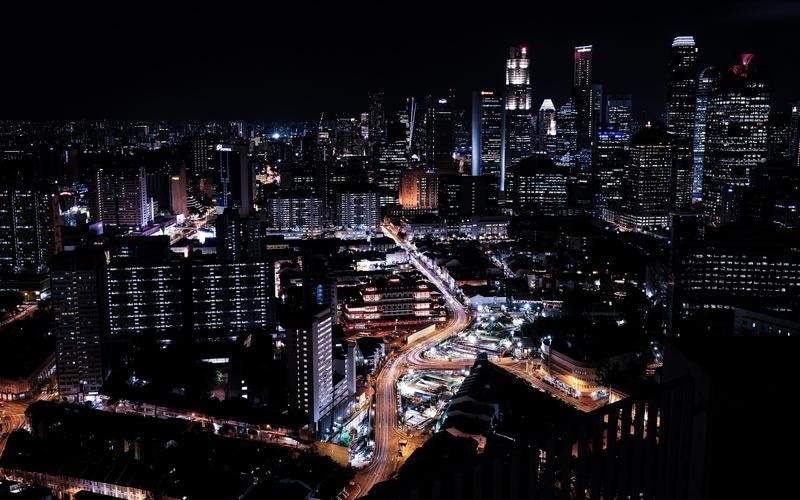 新加坡,夜晚的城市,建筑物,道路,灯 iphone 壁纸