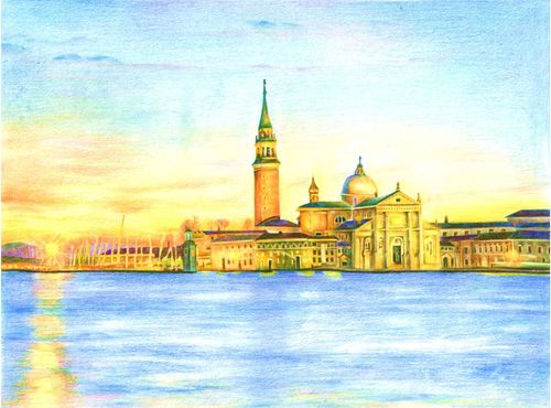 彩铅风景-朝阳下的威尼斯水城(作者:麦小朵)