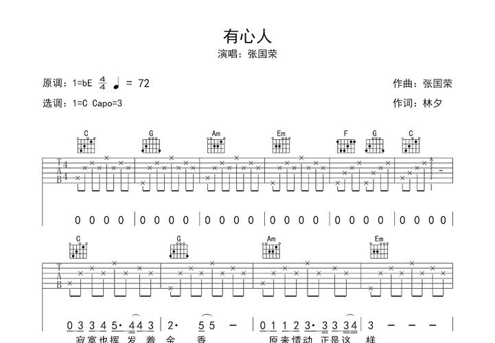 有心人吉他谱_张国荣_c调弹唱43%原版 - 吉他世界