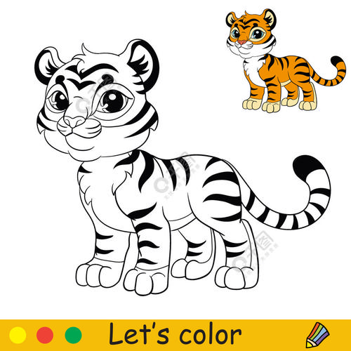 可爱的站立老虎卡通人物老虎用彩色模板着色书页孤立在白色背景上的