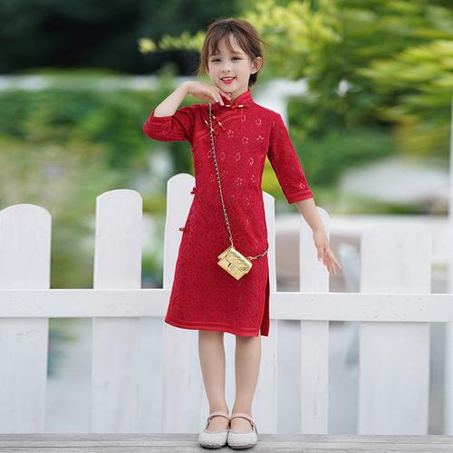 女童旗袍秋冬红色蕾丝中袖中国风周岁礼服小女孩连衣裙2021年新款