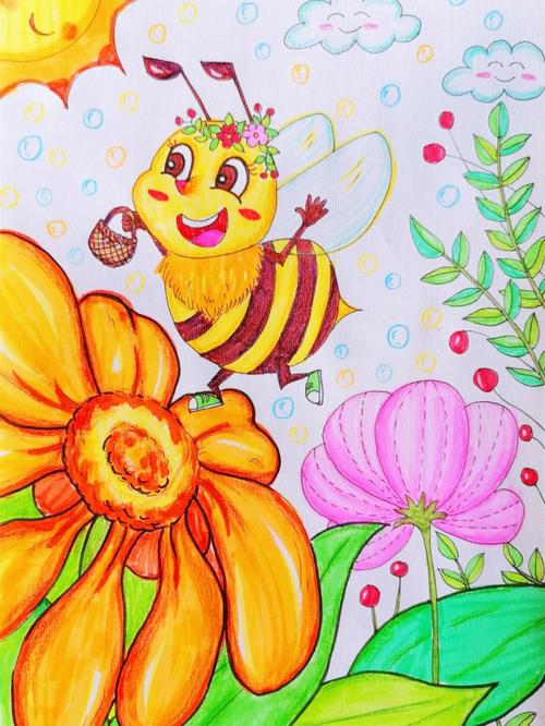 春天主题儿童画|忙碌的小蜜蜂|有线稿