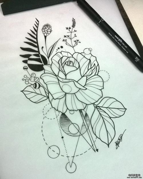 黑白线条玫瑰花纹身图案