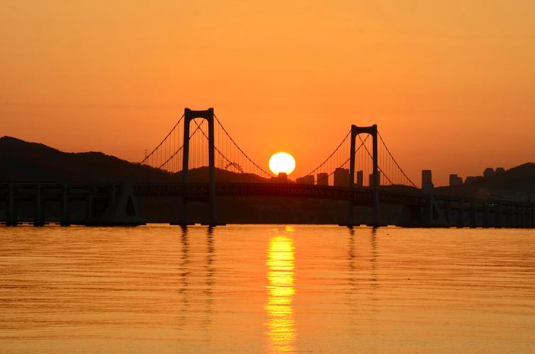 隔桥观日出2021年4月18日自大连凌水湾拍摄的日出景观