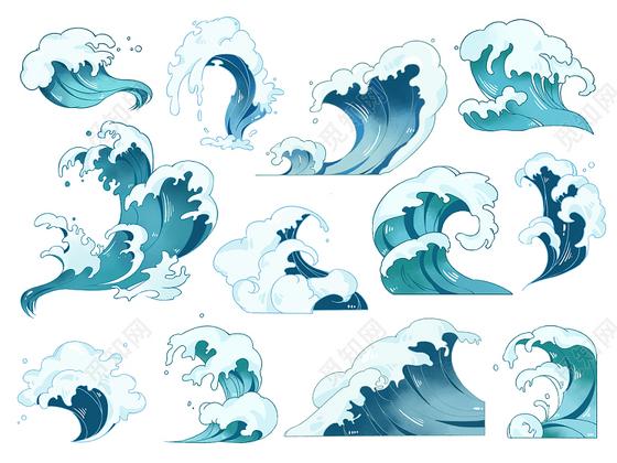 海浪元素卡通风格12个psd素材世界海洋日