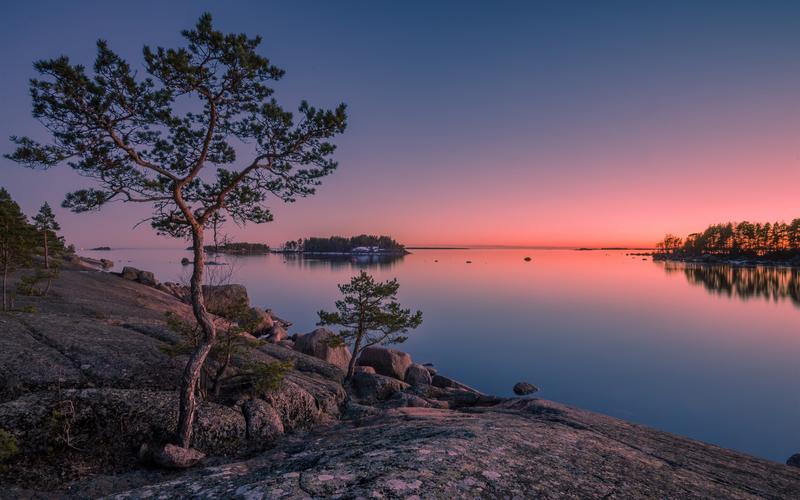 芬兰,芬兰湾,岛,树,海,日落 壁纸 - 1920x1200