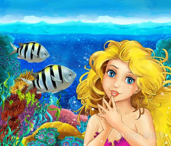 卡通场景美人鱼公主游泳在水下王国珊瑚礁附近的一些鱼类插图为儿童