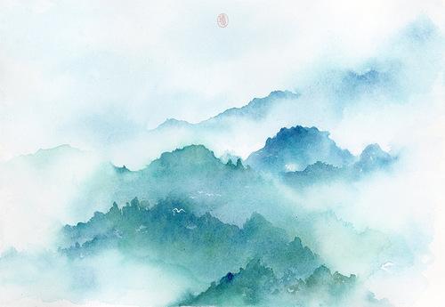 云山雾绕 水彩手绘