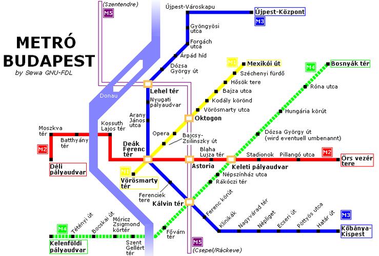 我记得它的第一条地铁应该是黄色的···  找到一张布达佩斯的地铁图