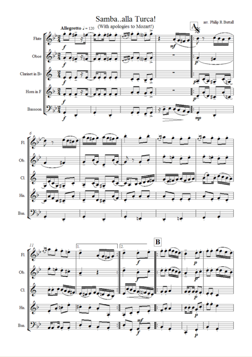 莫扎特:《土耳其进行曲》(木管五重奏乐谱)