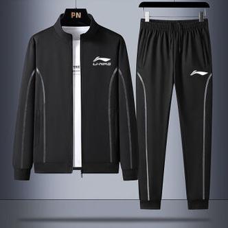 李宁春秋季休闲套装男士运动服宽松跑步男装开衫外套两件套衣黑色套装