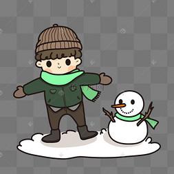 卡通简笔画冬季在雪地堆雪人的小