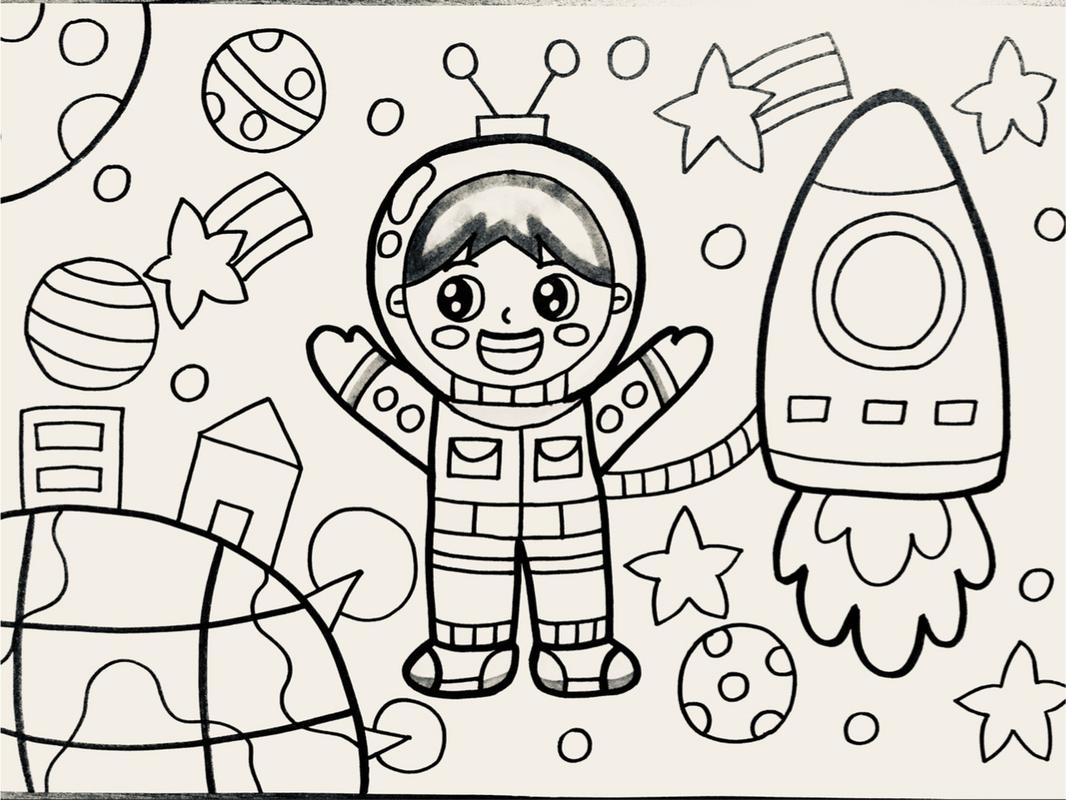 【太空探险🚀】原创马克笔手绘儿童画创意简 此作品含线稿图 材料: