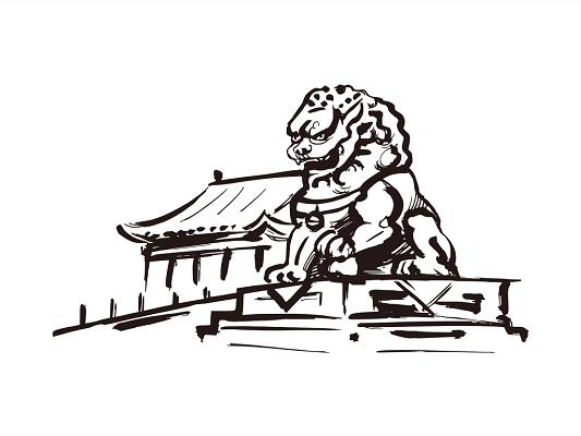 【免费】黑色线稿城市剪影石狮子建筑png素材