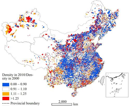 2000-2010年中国城市人口密度的变化