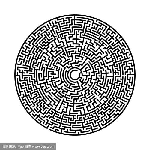 硬圆向量阵痛.矢量黑色圆圈迷宫在白色背景.教育难题与寻求解决.