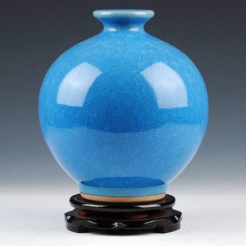 景德镇陶瓷器 蓝色仿古官窑冰片裂纹釉花瓶 现代客厅装饰品摆件