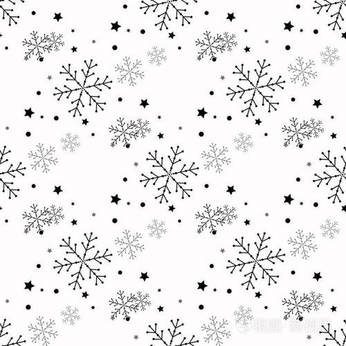 雪花简单无缝模式.黑白色背景上的雪.抽象的壁纸,包装纸装饰.