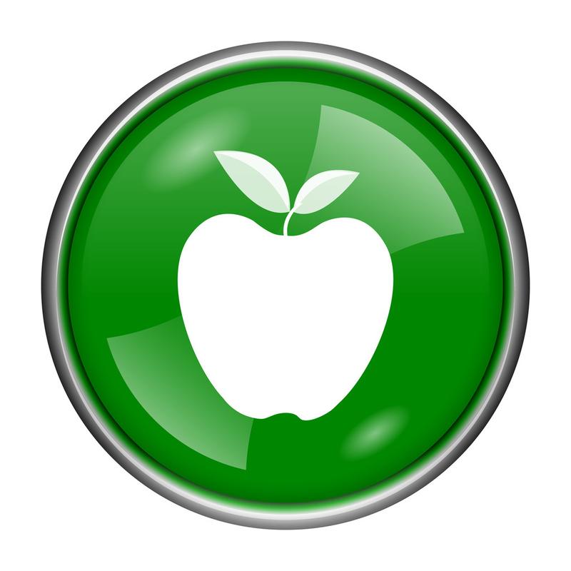 苹果图标,与绿色背景上的白色图案的圆形光泽图标