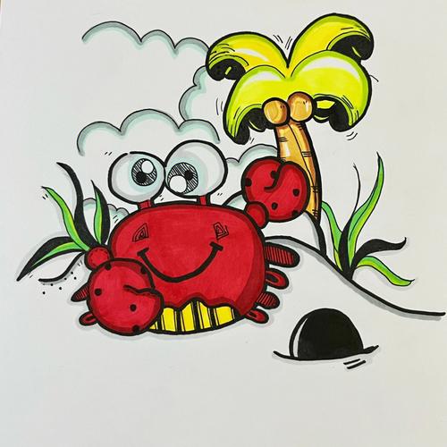 儿童画简笔画可爱的小螃蟹海底世界主题