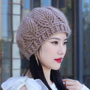 手工针织韩版叶子花朵松鼠绒贝雷帽包头帽保暖毛线帽中老年妈妈帽