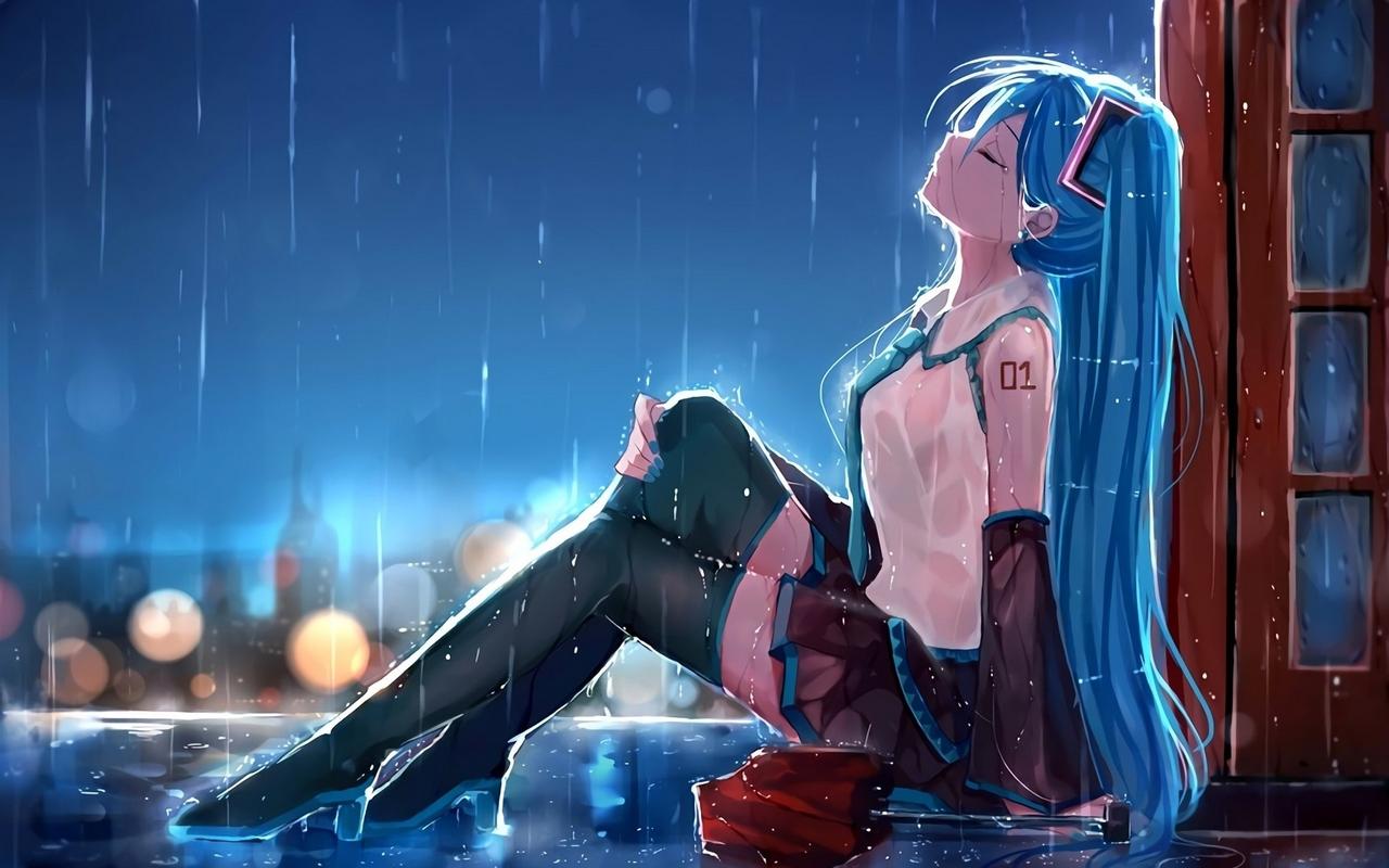 hatsunemiku悲伤的动漫女孩在雨中壁纸
