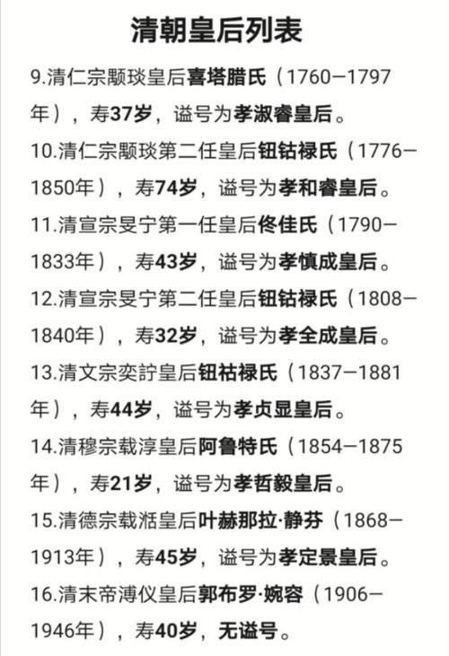 清朝皇帝后妃列表清朝16位皇后列表图