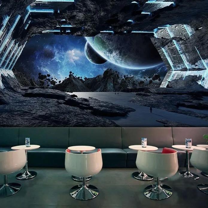 3d科幻宇宙太空舱墙布科技星空背景墙纸健身房酒吧网咖ktv壁画