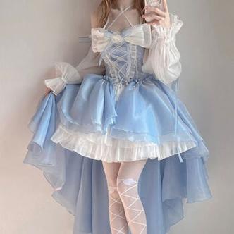 洛丽塔公主裙成人秋季新款蓝色lolita连衣裙洋装设计前短后长花嫁