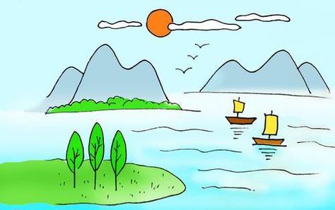 漂亮的河边景色简笔画教程步骤图片山水风景图片简笔画儿童山水画简笔